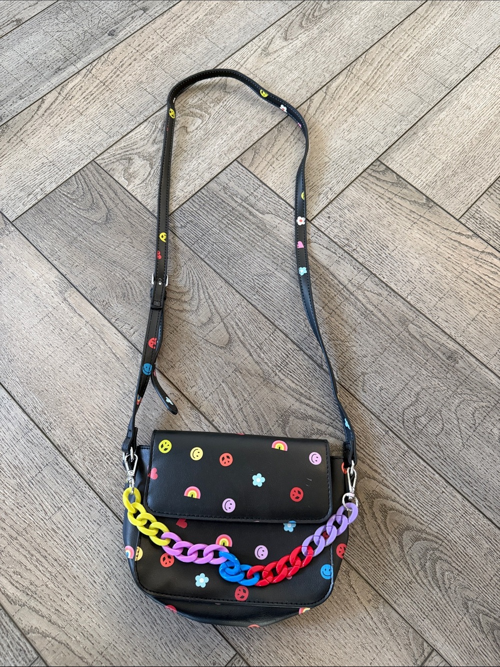 Target Black Crossbody Bag with Multicolor Smileys, Rainbows & Flower Prints